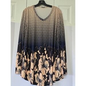 BaiShengGT Women's 2XL Long Sleeve V Neck Abstract Floral Print Tunic Top